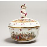 A SUPERB LARGE MERLIN PORCELAIN BOWL AND COVER, the lid with a cupid handle and painted with figures