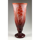 LA VOIE FRANCAISE A TALL GLASS VASE with foxgloves in relief. Script signature,'La voie Francaise'