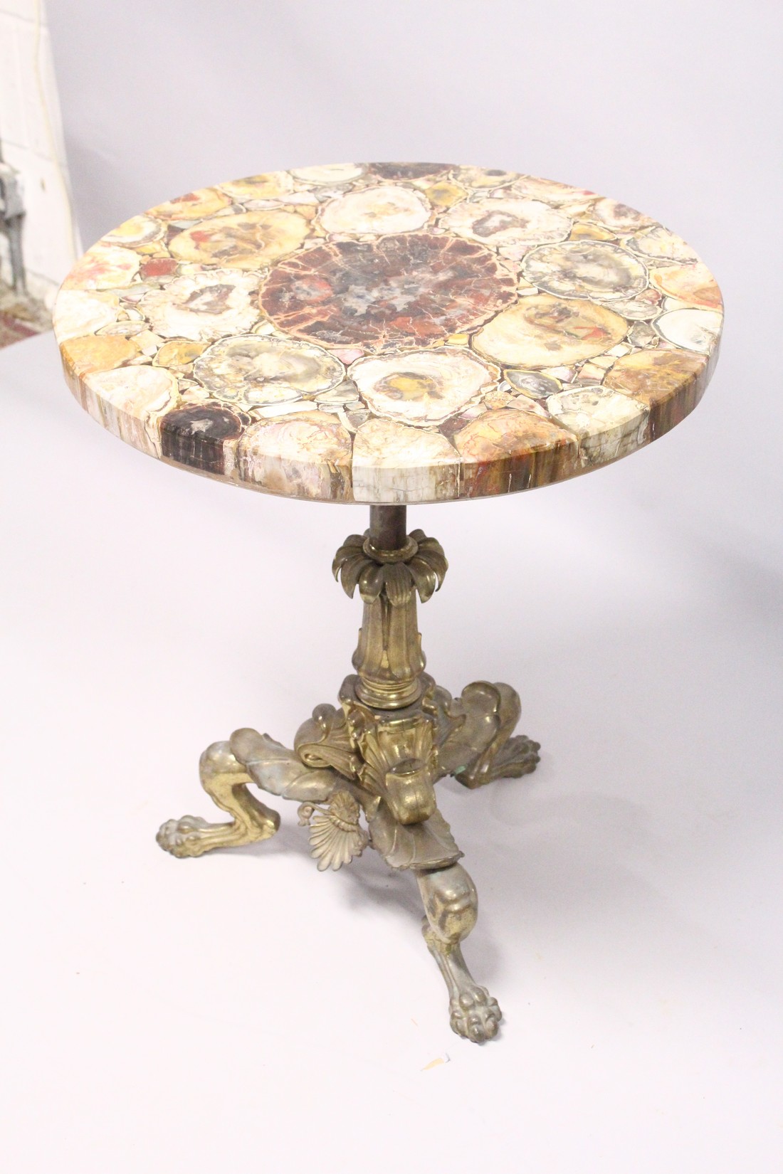 A SUPERB QUALITY PETRIFIED WOOD CIRCULAR TRIPOD TABLE on bronze feet. 1ft 11ins diameter, 2ft 3ins - Image 5 of 5