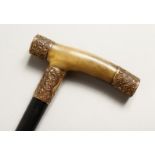 A RHINO HANDLE WALKING STICK with tablet 'R.E. HODGSON' 33ins long.