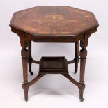 A GOOD VICTORIAN ROSEWOOD OCTAGONAL CENTRE TABLE with inlaid top, tapering legs with casters and