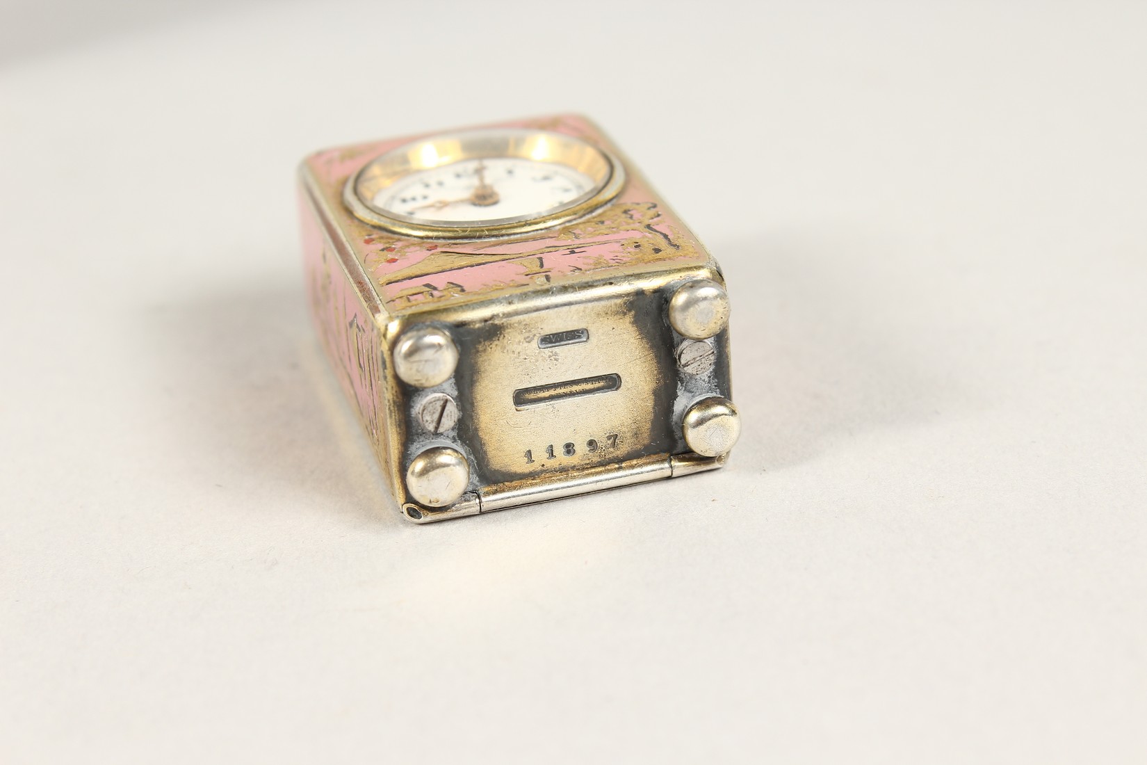 A SUPERB SMALL SILVER AND PINK ENAMEL CLOCK in a folding leather case. 1.5ins - Image 6 of 8