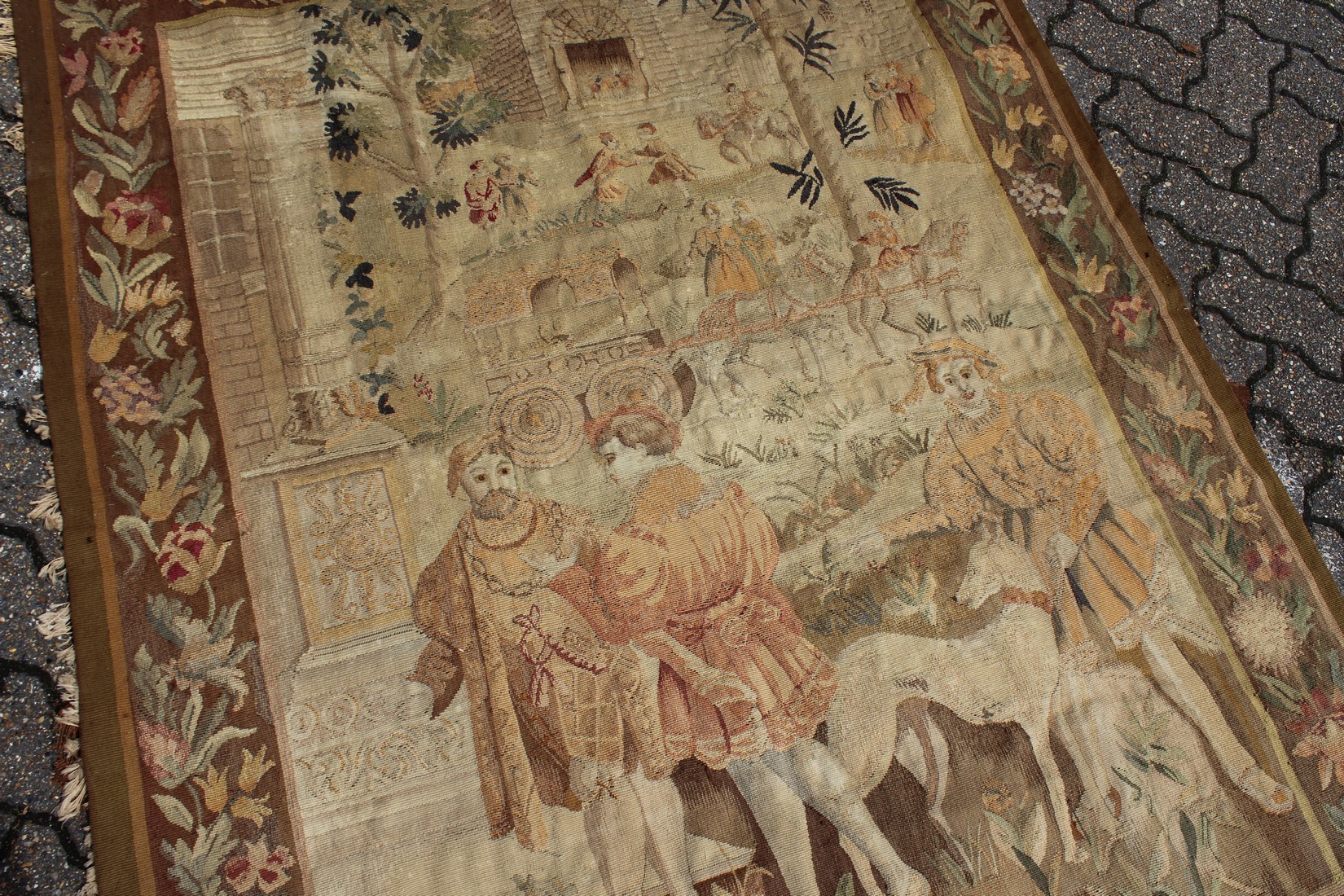 A GOOD 18TH CENTURY FRENCH TAPESTRY decorated with many figures within a floral border. 6ft high x - Image 4 of 9