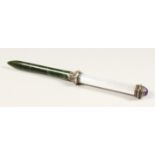 A VERY GOOD RUSSIAN SILVER AND ENAMEL BOTTLE OPENER with jade blade. 10ins long.