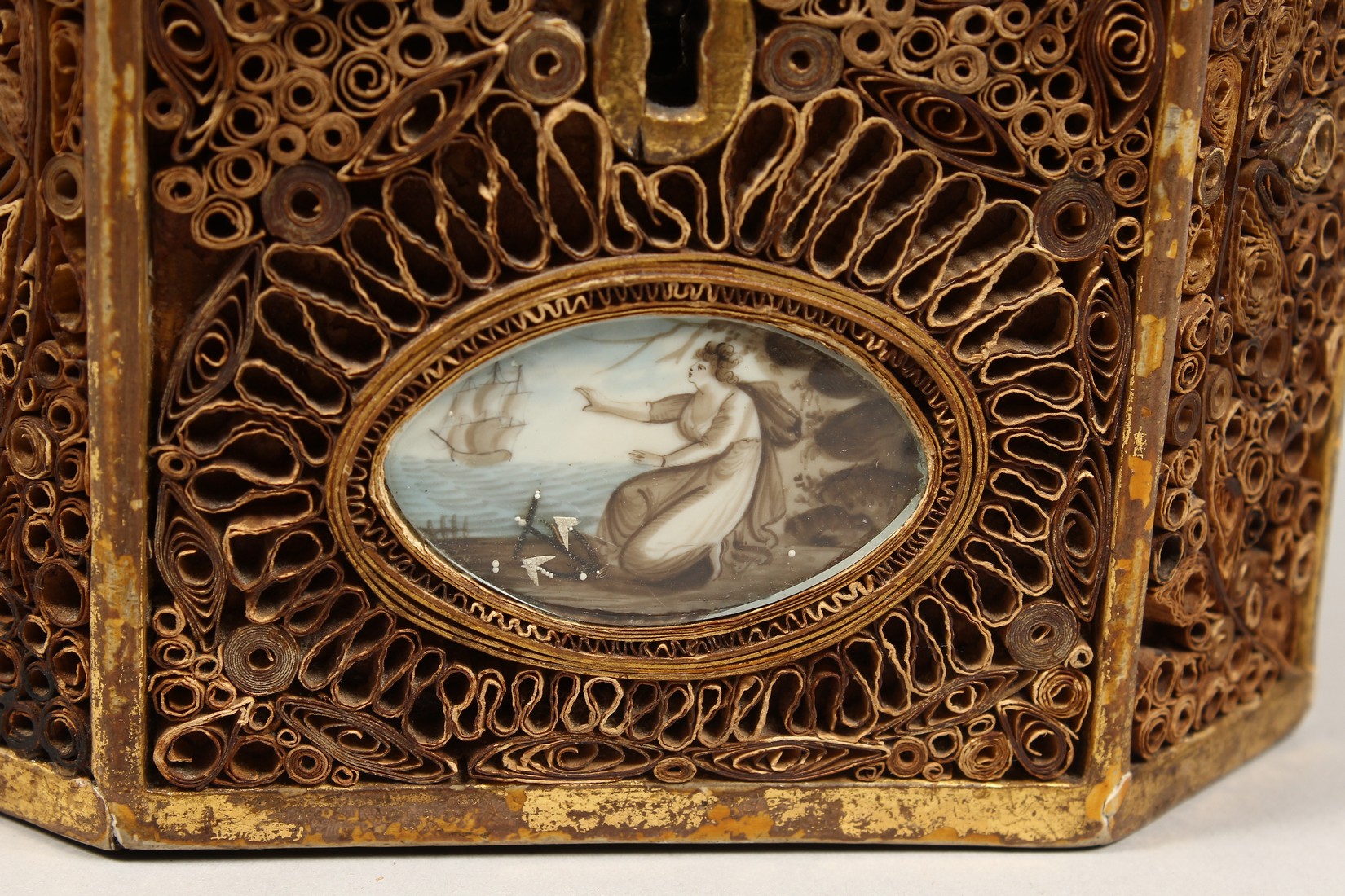 A GEORGE III ROLLED PAPER OCTAGONAL TEA CADDY inlaid with an oval. 5.5ins long. - Image 2 of 8