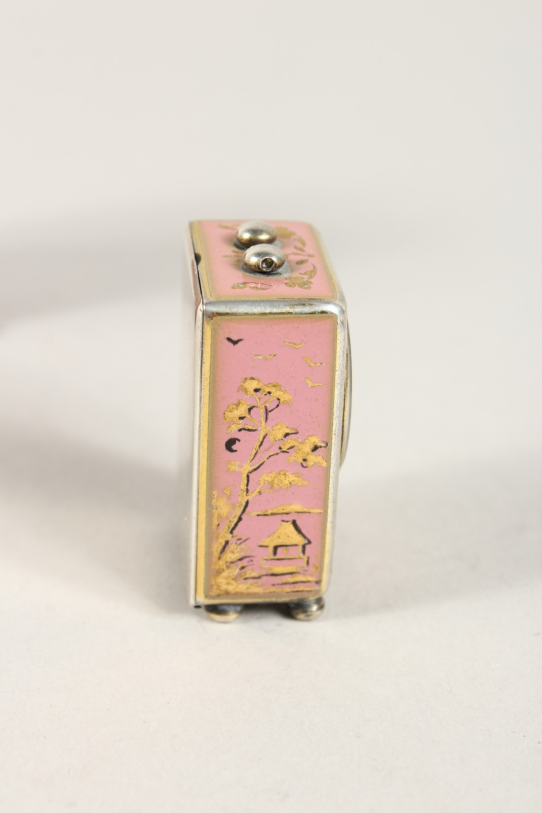 A SUPERB SMALL SILVER AND PINK ENAMEL CLOCK in a folding leather case. 1.5ins - Image 4 of 8