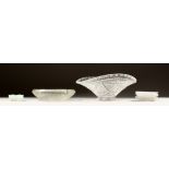 A SWALLOW CUT GLASS FRUIT BOWL, ASHTRAY AND TWO DISHES.