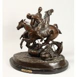 AFTER FREDERICK REMMINGTON 'POLO' A GOOD ACTION BRONZE one horse and rider down. Signed, on a marble