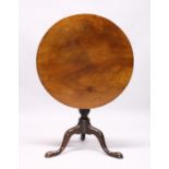 A GEORGE III MAHOGANY CIRCULAR TILT TOP TRIPOD TABLE, solid top on a turned pillar ending in