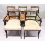 A PAIR OF MAHOGANY, SABRE LEG ARM CHAIRS and three matching single chairs.