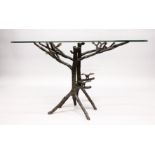 A RARE BRONZE, GLASS TOP, RUSTIC COFFEE TABLE, AFTER GIACOMETTI, Glass top 3ft 8ins x 2ft 4ins . The