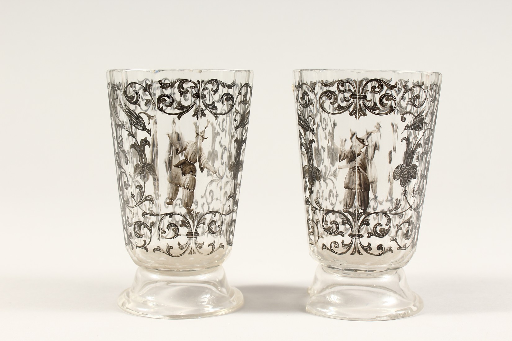 A GOOD PAIR OF BOHEMIAN GLASS TWELVE SIDED BEAKERS, painted with Turkish figures, scrolls and birch. - Image 3 of 5