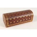 A FRENCH FLEUR D LYS DOMED LEATHER BOX 9.5ins long