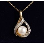 A 9CT GOLD FRESHWATER PEARL AND DIAMOND NECKLACE.