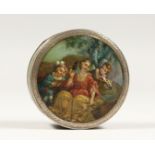 A GOOD GEORGIAN SILVER MOUNTED TORTOISESHELL CIRCULAR BOX painted with figures 3ins diameter