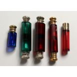 FIVE VARIOUS VICTORIAN DOUBLE ENDED SCENT BOTTLES 2ins to 4ins
