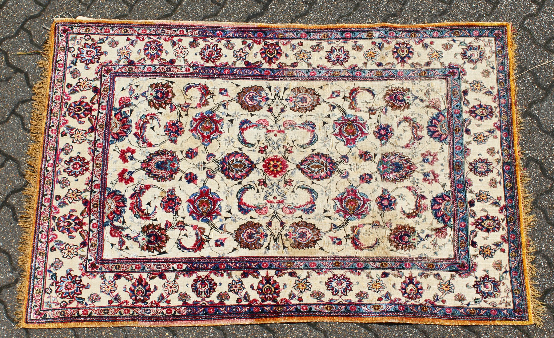 A GOOD SMALL SOUF KASHAN SILK RUG, beige ground with stylised palmettes, within a similar border.