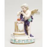 A DRESDON PORCELAIN GROUP, CUPID-LOVE, with two hearts on a pedestal. 8ins high.