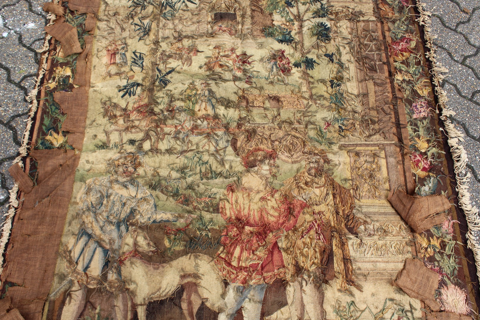 A GOOD 18TH CENTURY FRENCH TAPESTRY decorated with many figures within a floral border. 6ft high x - Image 8 of 9
