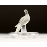 A SMALL FROSTED GLASS LALIQUE DOVE RING STAND Signed 3ins high.