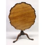 A CHIPPENDALE STYLE MAHOGANY TILT TOP TABLE with pie crust top, turned support, curving legs with