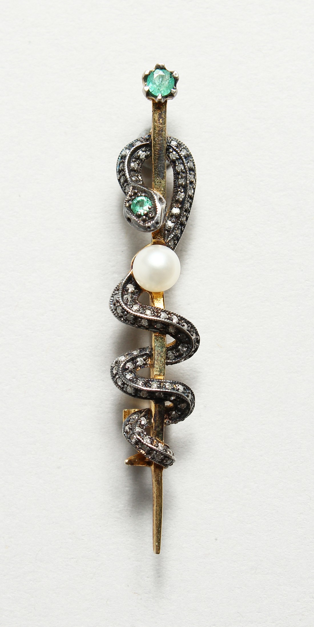 A DIAMOND AND PEARL SNAKE TIE PIN (Harrods)