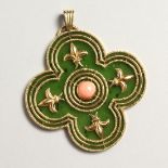 A SUPERB 18CT GOLD, JADEITE AND CORAL PENDANT.