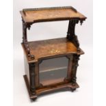 A VICTORIAN FLUTED WALNUT MUSIC CABINET/WHAT-NOT, with brass gallery, satinwood inlay, the base with