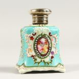 A FRENCH PORCELAIN SCENT BOTTLE with silver top. 2.75ins high.