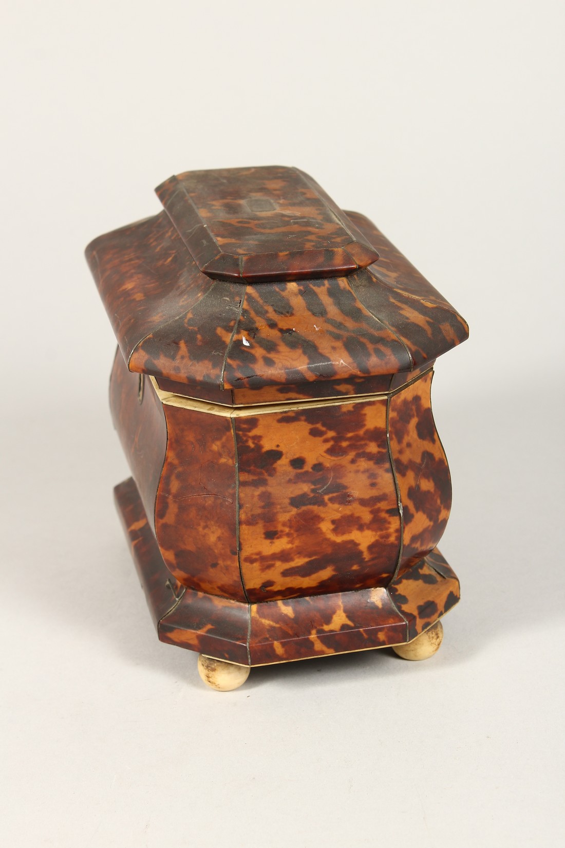 A GOOD REGENCY BLOND TORTOISESHELL TWO DIVISION TEA CADDY on four bun feet. 7ins wide. - Image 3 of 7