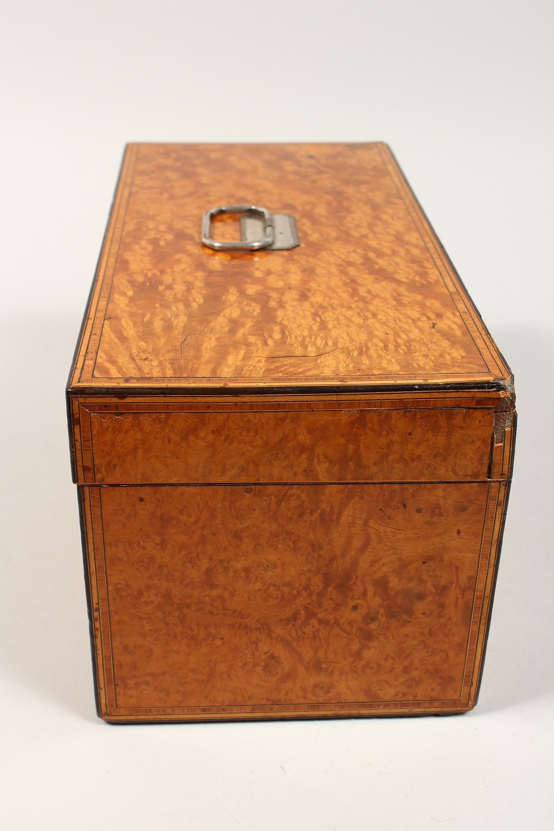 A LARGE GEORGE III POLLARD SATINWOOD TWO DIVISION TEA CADDY, banded top, silver plate handle. - Image 8 of 9