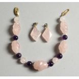A ROSE QUARTZ AND AMETHYST BRACELET AND EARRINGS.