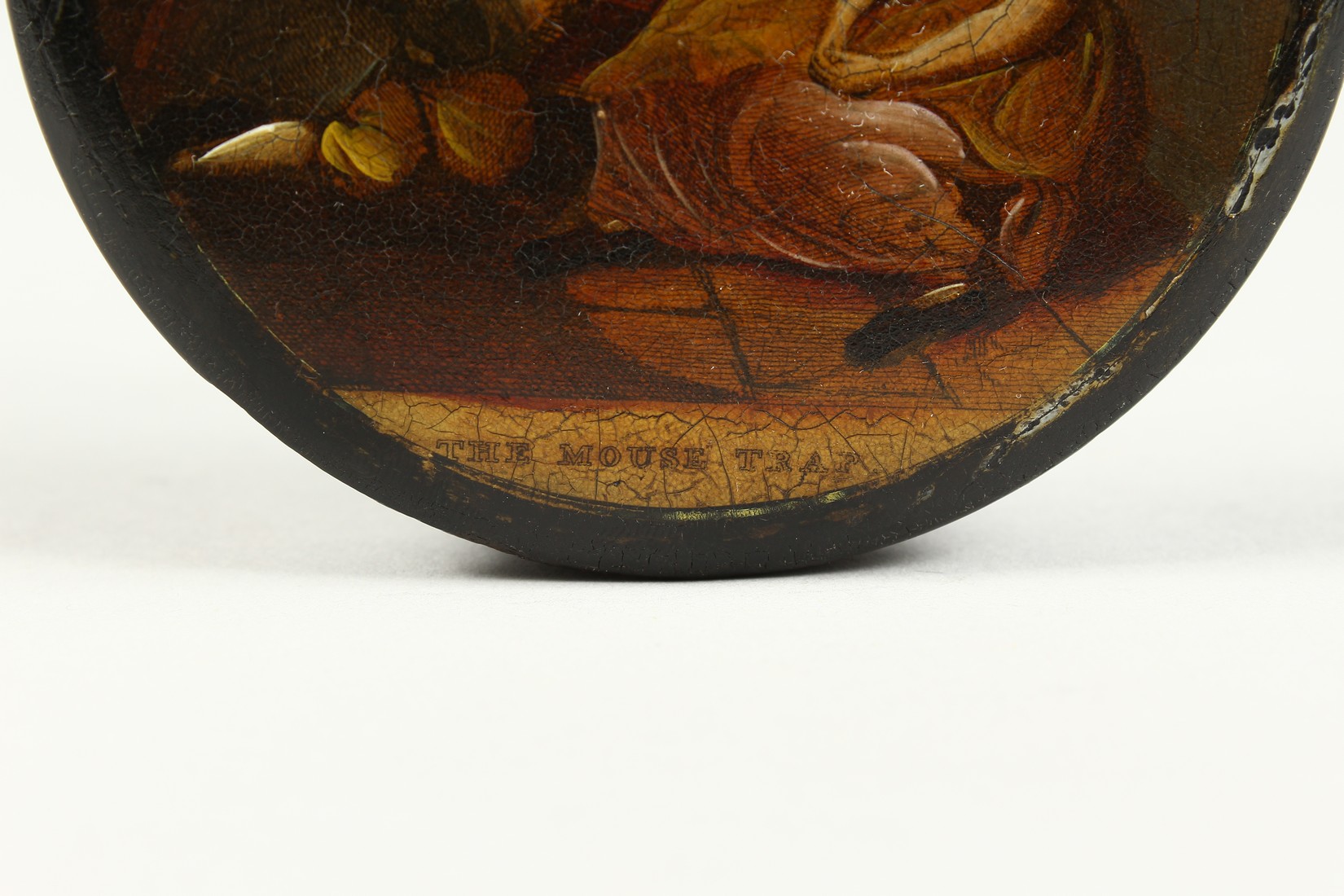 A VICTORIAN CIRCULAR PAPIER MACHE SNUFF BOX, the top with a scene "The Mouse Trap". 3.5ins - Image 2 of 5