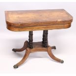 A MAHOGANY ROSEWOOD BRASS INLAID TILT SWIVEL TOP CARD TABLE, with green baize cover, four tuned