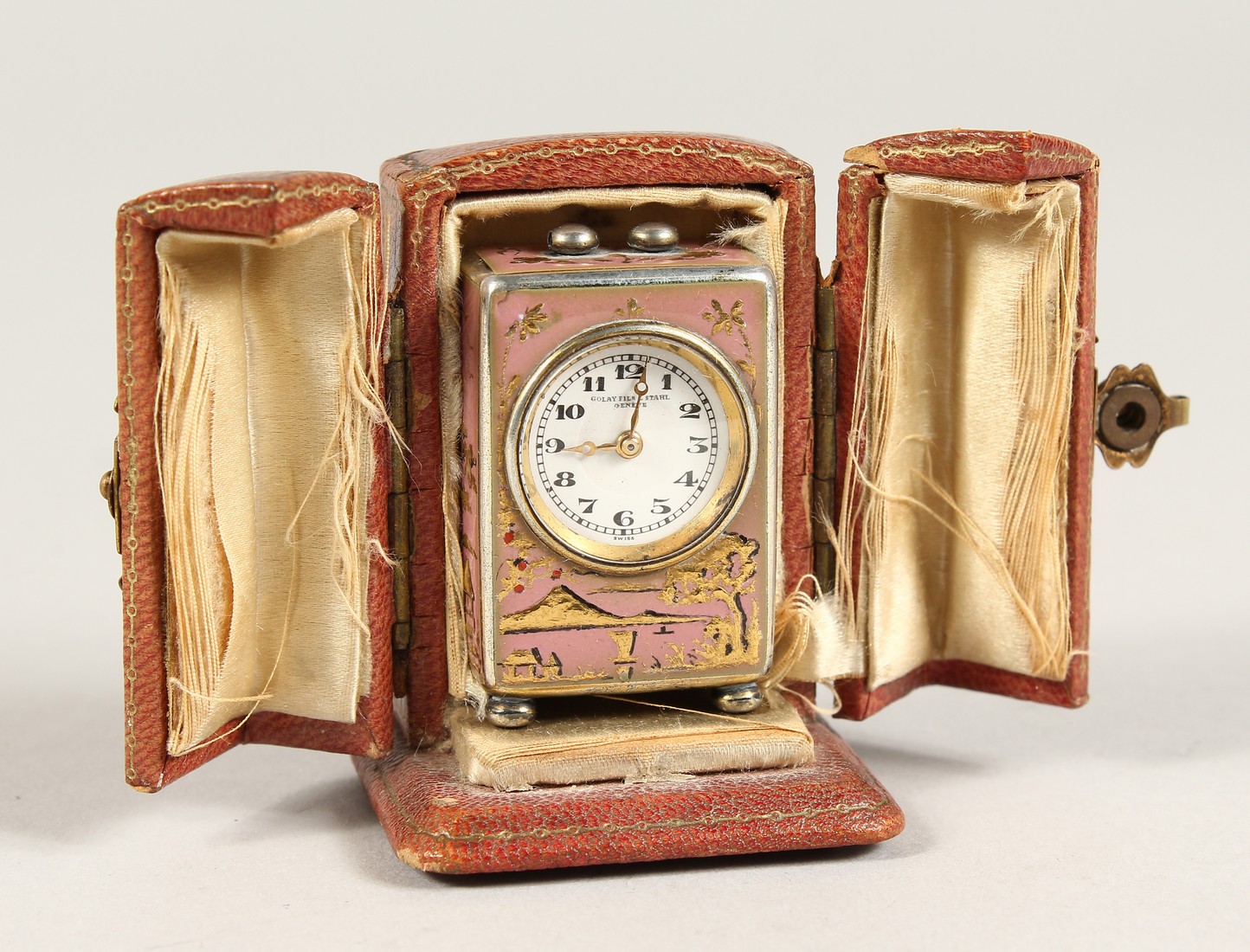 A SUPERB SMALL SILVER AND PINK ENAMEL CLOCK in a folding leather case. 1.5ins - Image 8 of 8