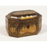 A CHINESE BLACK AND GILT TEA CADDY with pewter liner with top. 6.5ins long