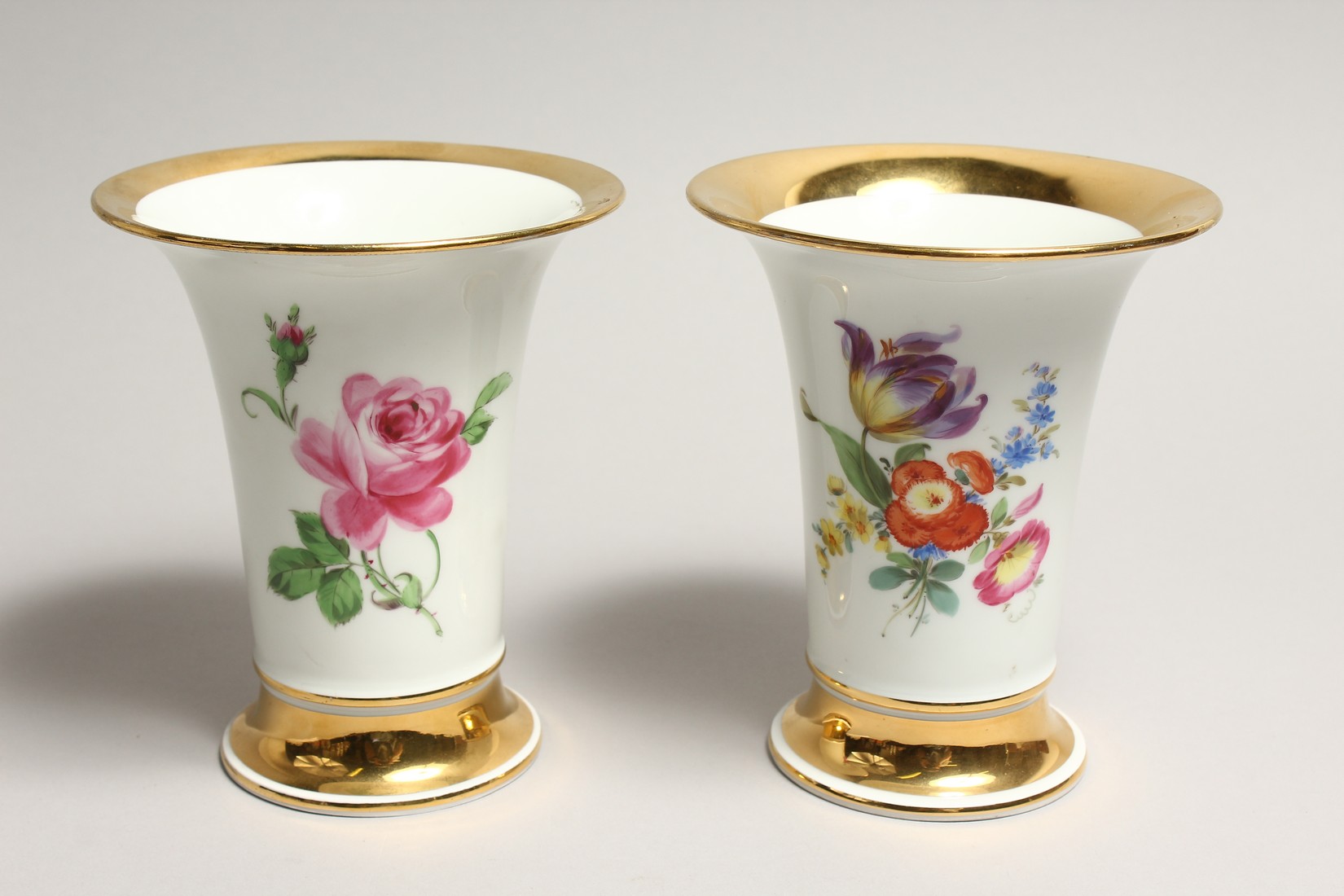 A GOOD PAIR OF MEISSEN TRUMPET SHAPED VASES edged in gilt and painted with roses. Cross sword mark - Image 2 of 6