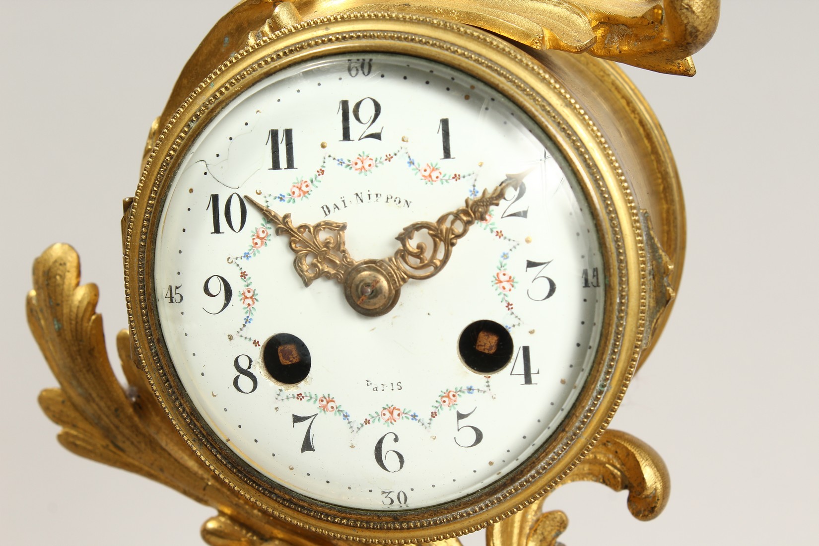 A GOOD FRENCH THREE PIECE ORMOLU CLOCK SET, with drum movement by DAI NIPPON, Paris, with acanthus - Image 2 of 5
