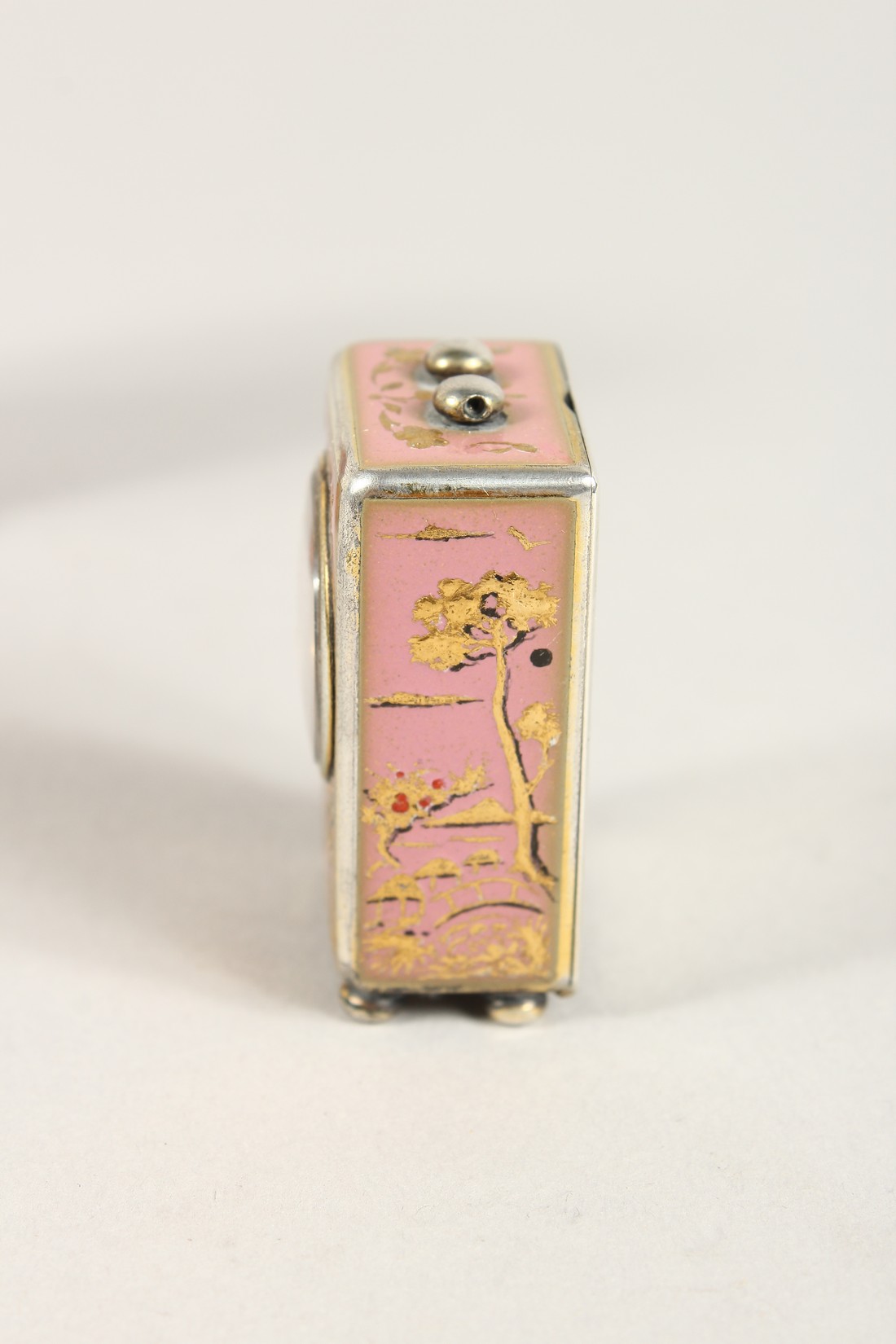 A SUPERB SMALL SILVER AND PINK ENAMEL CLOCK in a folding leather case. 1.5ins - Image 2 of 8