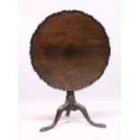 A CHIPPENDALE STYLE MAHOGANY TILT TOP TRIPOD TABLE with pie crust top, gun barrel support, curving
