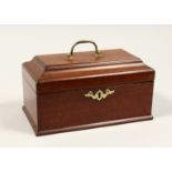 A GEORGE III MAHOGANY THREE DIVISION TEA CADDY with brass handles and escutcheon. 9ins long