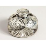 A SILVER MOUNTED CIRCULAR INKWELL with five cherubs design London 1905