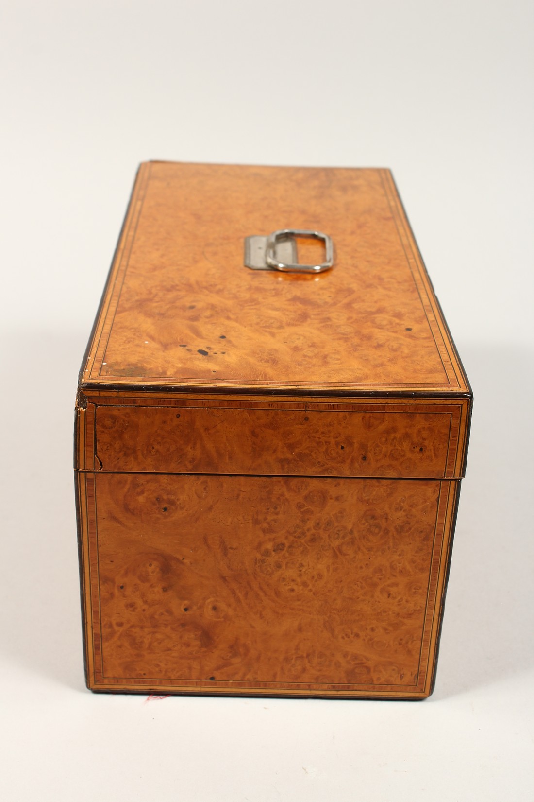 A LARGE GEORGE III POLLARD SATINWOOD TWO DIVISION TEA CADDY, banded top, silver plate handle. - Image 4 of 9