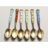 A SET OF SIX SILVER AND ENAMEL SPOONS, Noway, sterling.