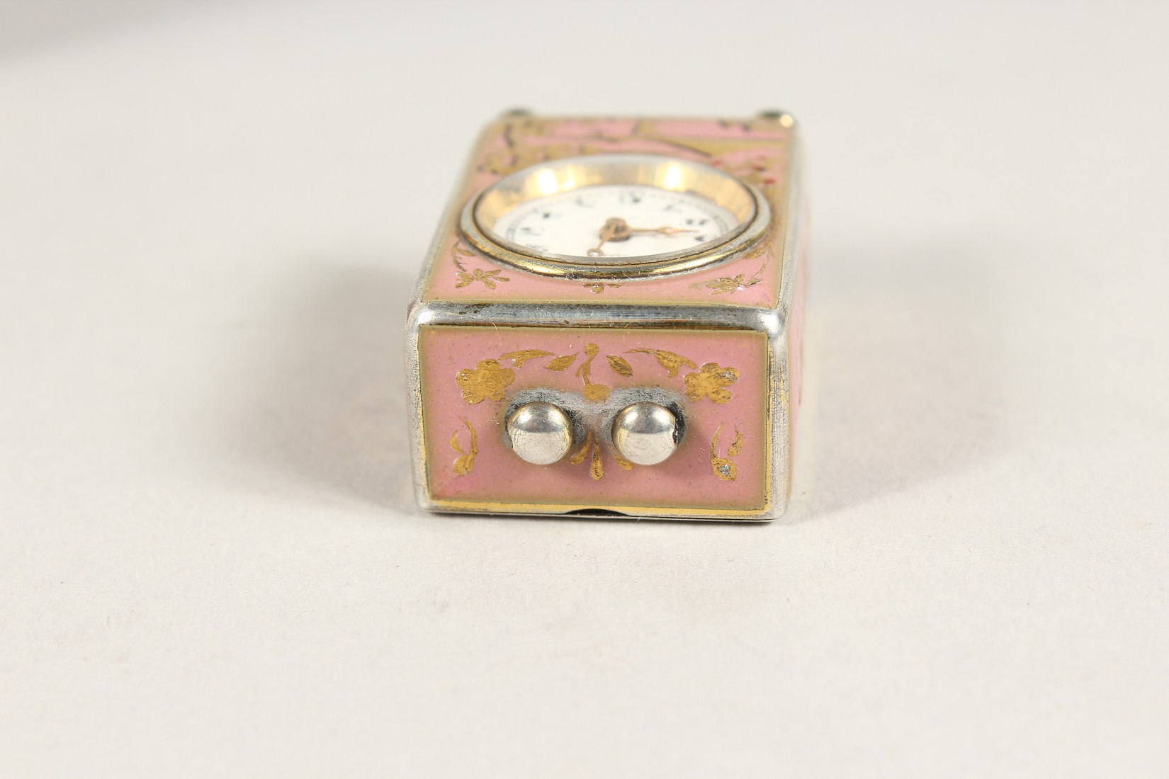 A SUPERB SMALL SILVER AND PINK ENAMEL CLOCK in a folding leather case. 1.5ins - Image 5 of 8