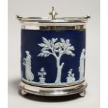 A GOOD WEDGWOOD BLUE AND WHITE JASPER WARE BISCUIT BARREL AND LID