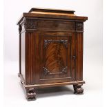 A GOOD 19TH CENTURY MAHOGANY PEDESTAL CUPBOARD, with a concave moulded top, panelled frieze with