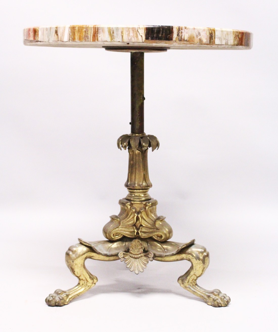 A SUPERB QUALITY PETRIFIED WOOD CIRCULAR TRIPOD TABLE on bronze feet. 1ft 11ins diameter, 2ft 3ins - Image 4 of 5
