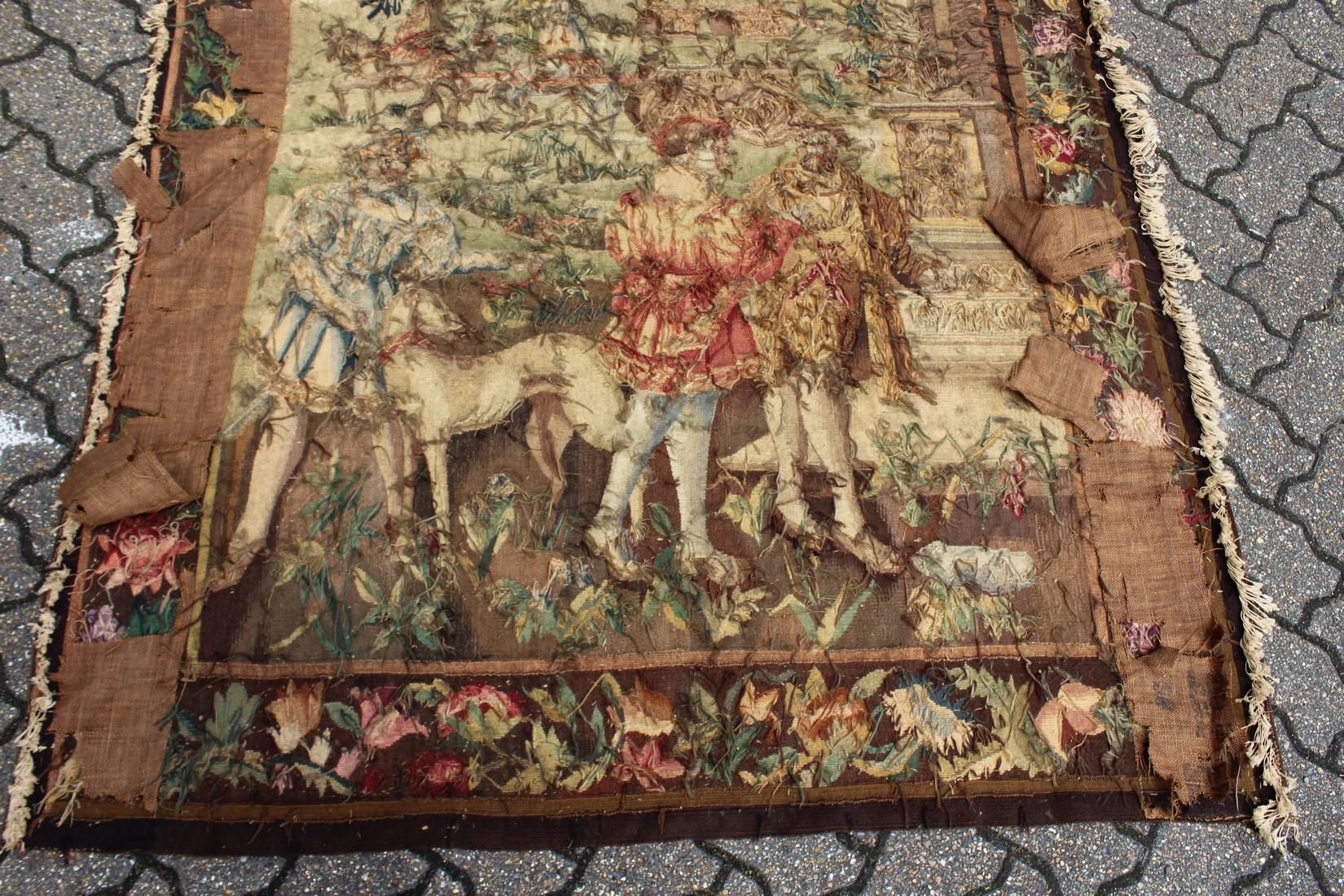 A GOOD 18TH CENTURY FRENCH TAPESTRY decorated with many figures within a floral border. 6ft high x - Image 9 of 9