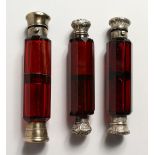 THREE VICTORIAN DOUBLE ENDED RUBY SCENT BOTTLE 3.5ins long